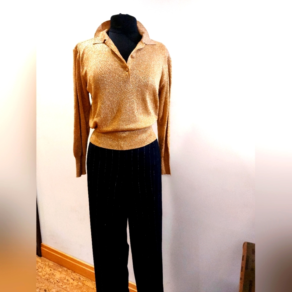 Gold Blouse with Black pants and gold strips